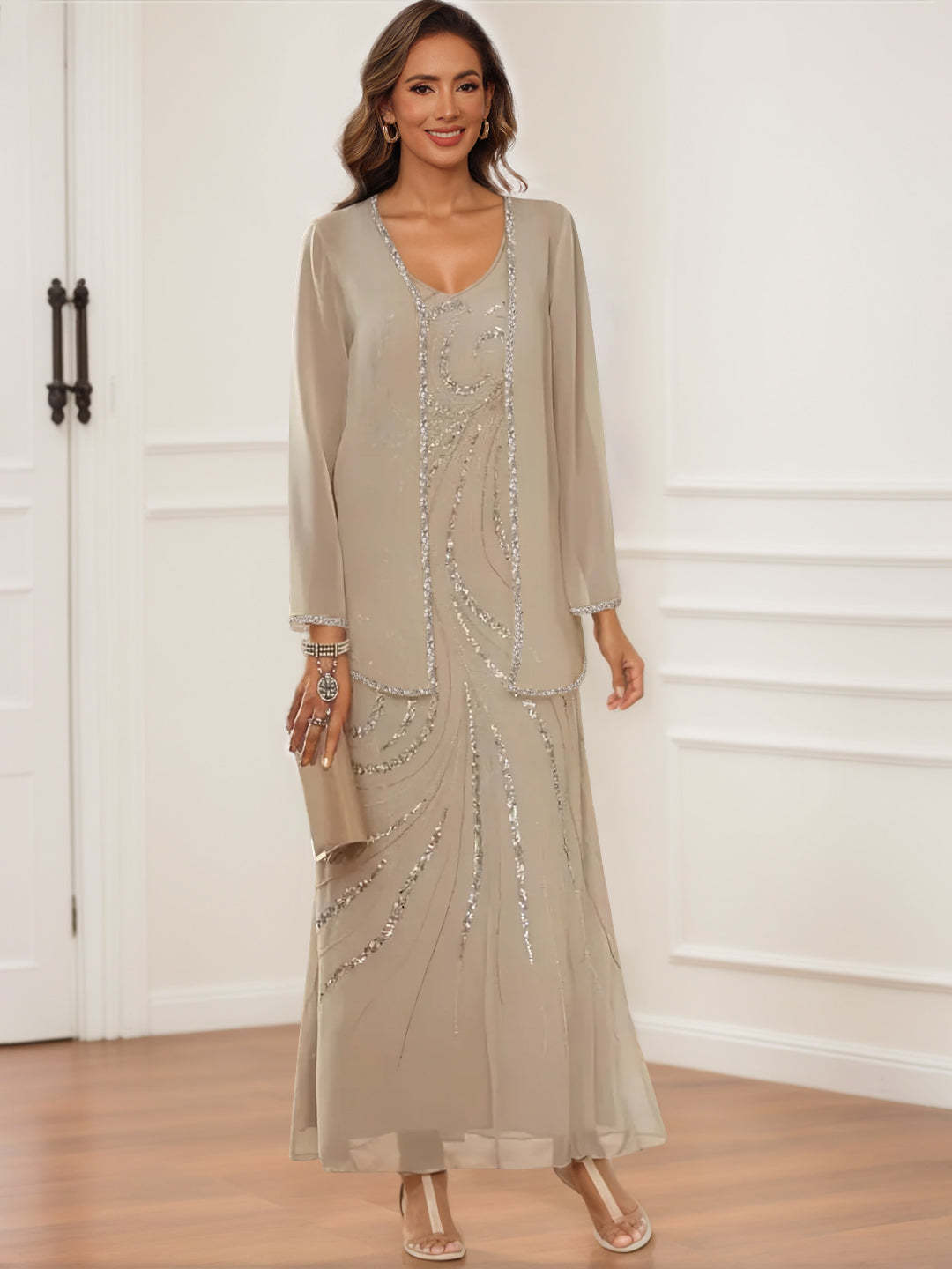 V-Neck Ankle-Length Sheath/Column Dress with Jacket & Sequins for Mothers of the Bride & Groom