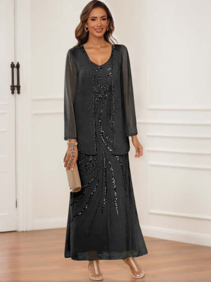 V-Neck Ankle-Length Sheath/Column Dress with Jacket & Sequins for Mothers of the Bride & Groom