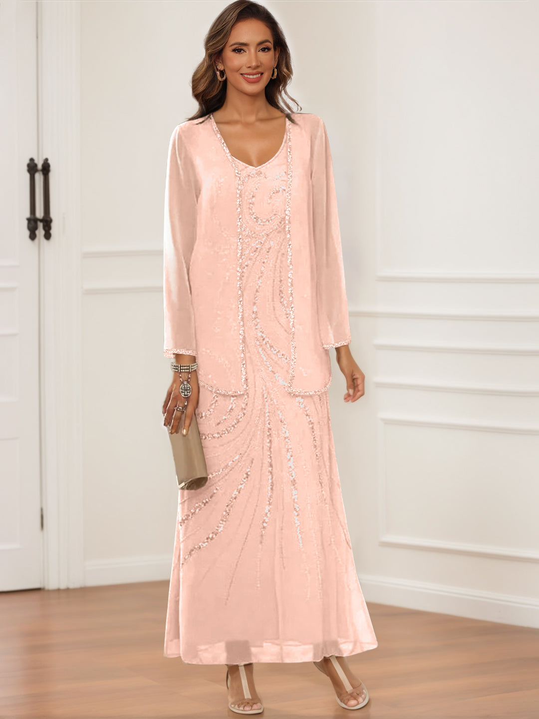 V-Neck Ankle-Length Sheath/Column Dress with Jacket & Sequins for Mothers of the Bride & Groom