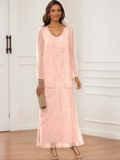 V-Neck Ankle-Length Sheath/Column Dress with Jacket & Sequins for Mothers of the Bride & Groom