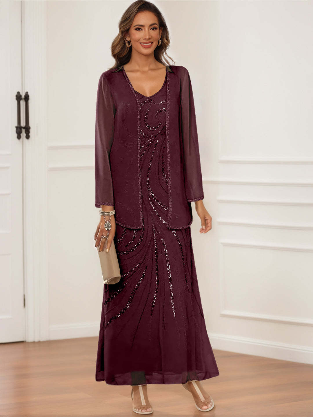 V-Neck Ankle-Length Sheath/Column Dress with Jacket & Sequins for Mothers of the Bride & Groom