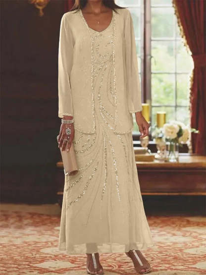 V-Neck Ankle-Length Sheath/Column Mother of the Bride Dresses with Sequins & Jacket