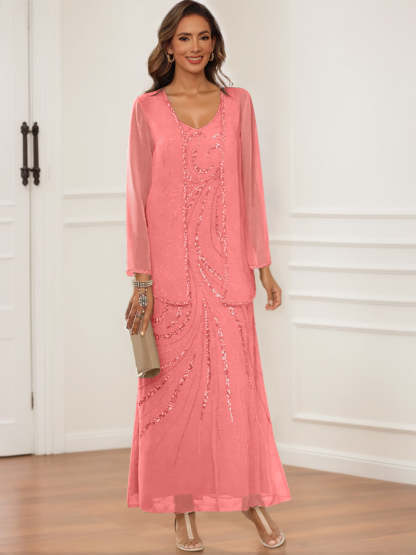 V-Neck Ankle-Length Sheath/Column Dress with Jacket & Sequins for Mothers of the Bride & Groom