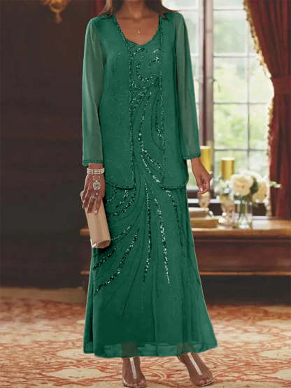 V-Neck Ankle-Length Sheath/Column Mother of the Bride Dresses with Sequins & Jacket
