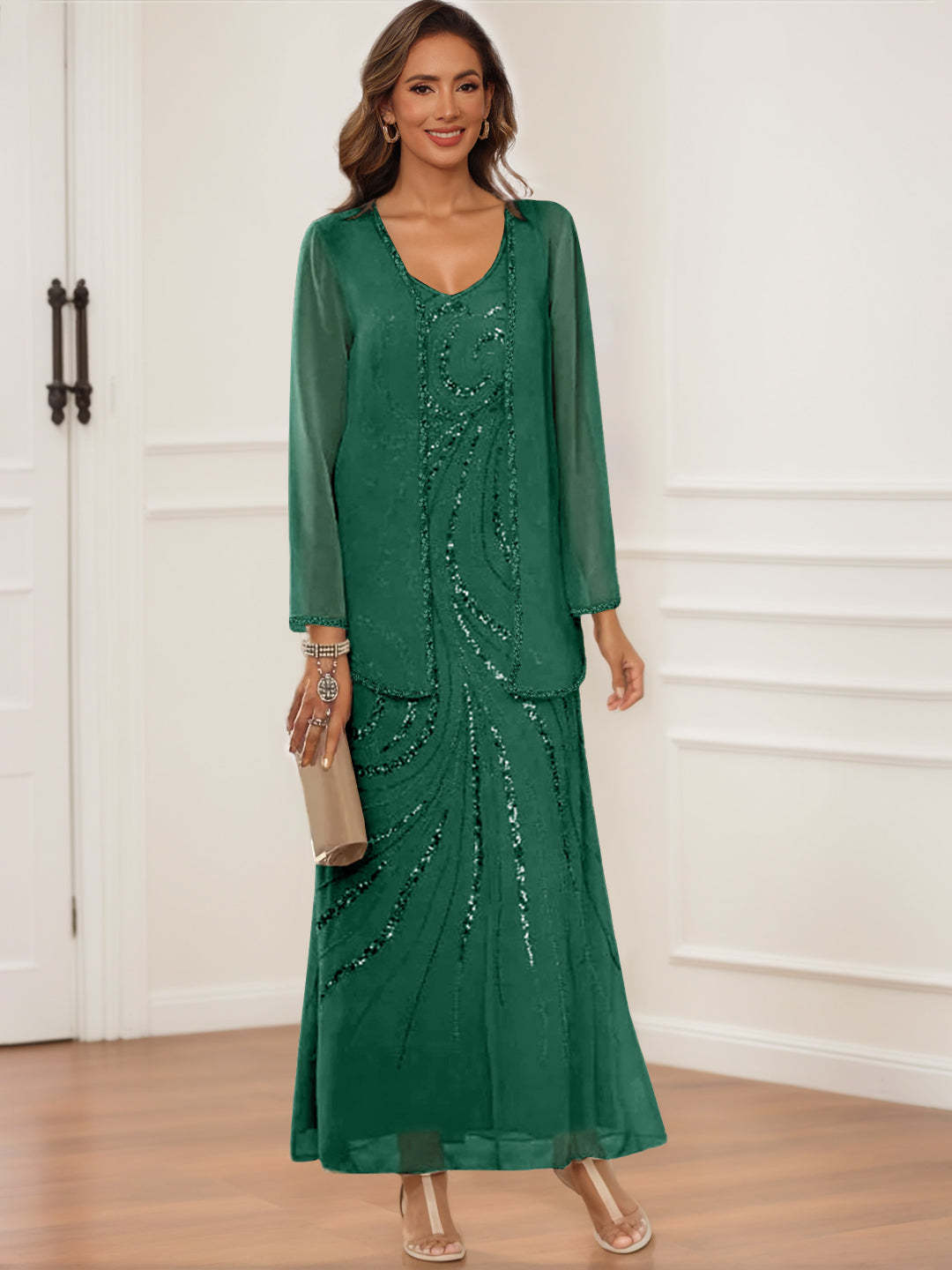 V-Neck Ankle-Length Sheath/Column Dress with Jacket & Sequins for Mothers of the Bride & Groom
