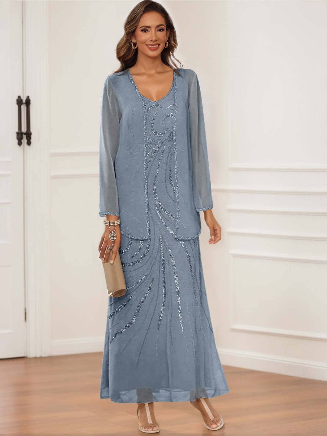 V-Neck Ankle-Length Sheath/Column Dress with Jacket & Sequins for Mothers of the Bride & Groom