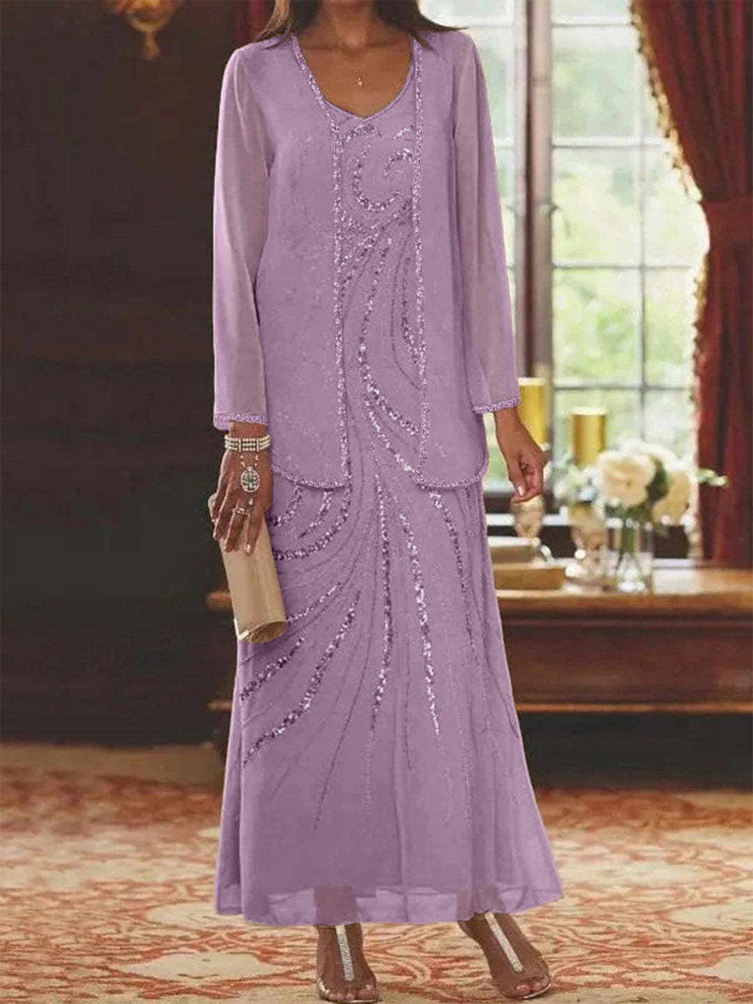 V-Neck Ankle-Length Sheath/Column Mother of the Bride Dresses with Sequins & Jacket