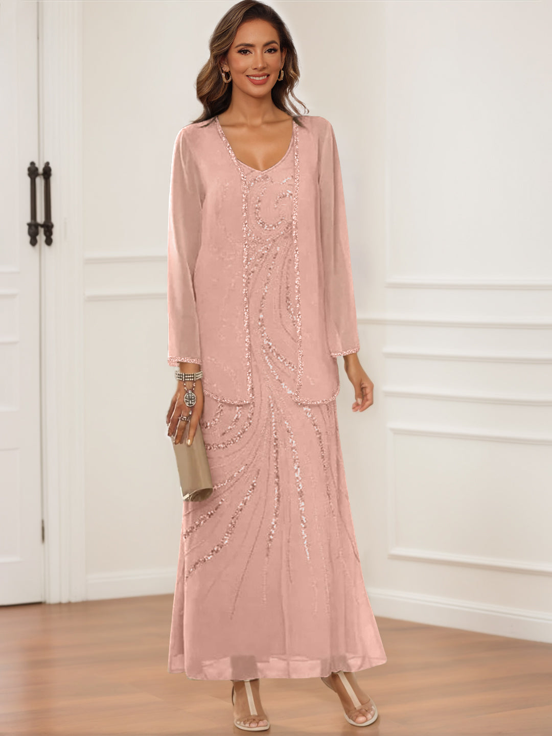 V-Neck Ankle-Length Sheath/Column Dress with Jacket & Sequins for Mothers of the Bride & Groom