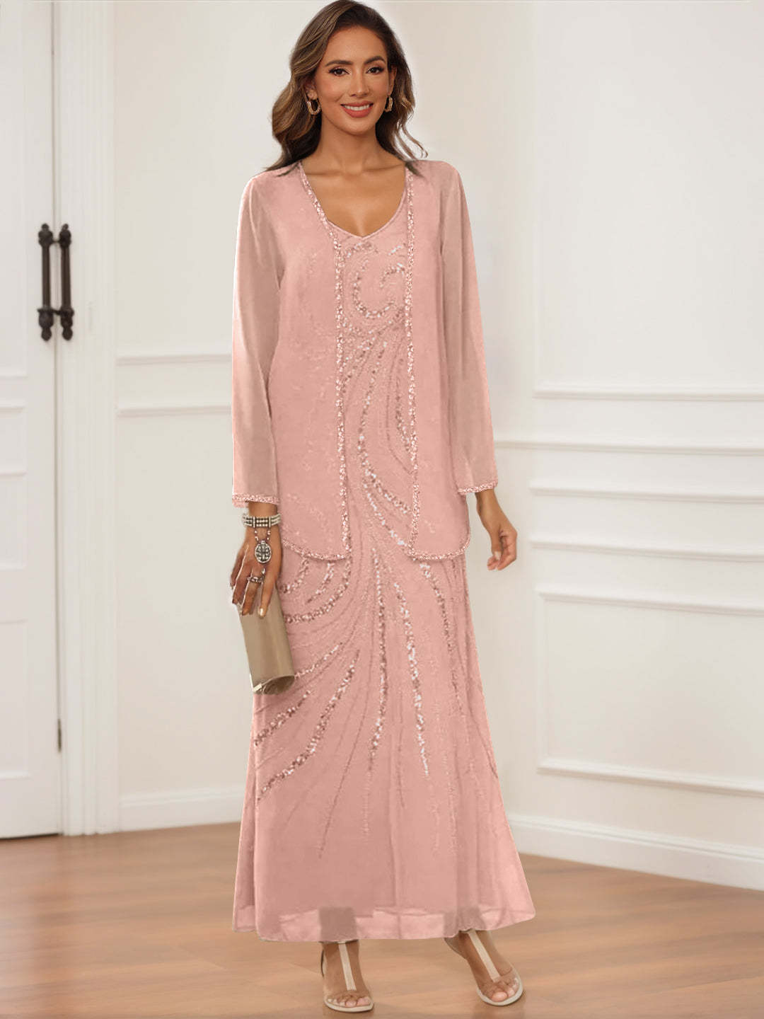 V-Neck Ankle-Length Sheath/Column Dress with Jacket & Sequins for Mothers of the Bride & Groom