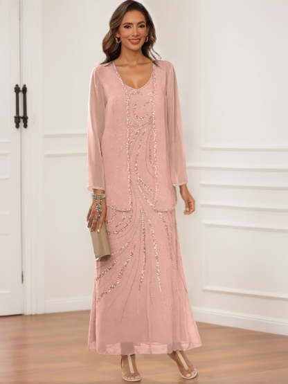 V-Neck Ankle-Length Sheath/Column Dress with Jacket & Sequins for Mothers of the Bride & Groom