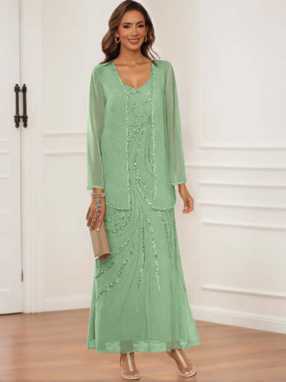 V-Neck Ankle-Length Sheath/Column Dress with Jacket & Sequins for Mothers of the Bride & Groom