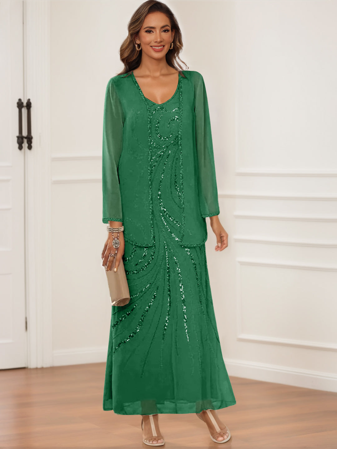 V-Neck Ankle-Length Sheath/Column Dress with Jacket & Sequins for Mothers of the Bride & Groom