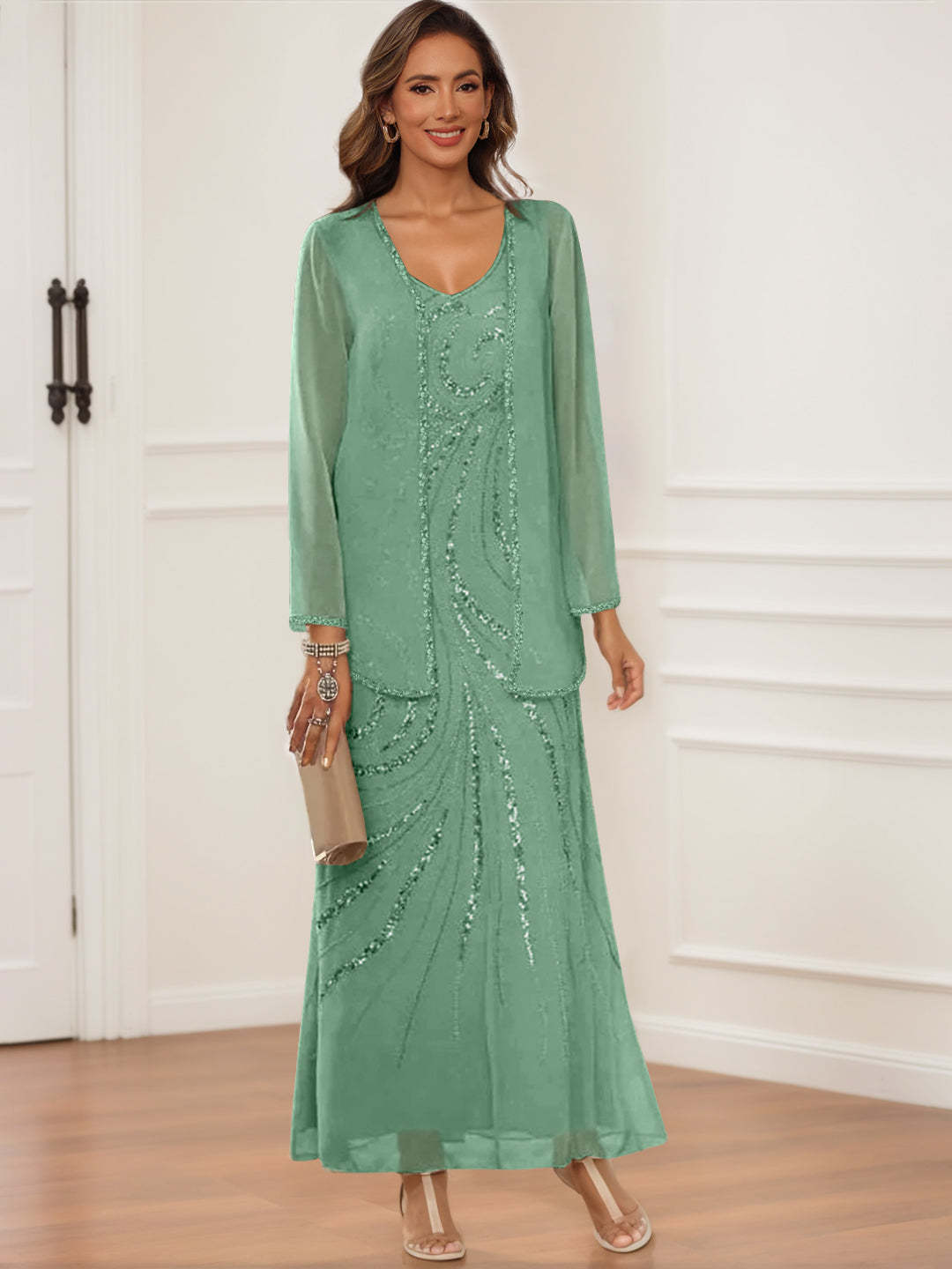 V-Neck Ankle-Length Sheath/Column Dress with Jacket & Sequins for Mothers of the Bride & Groom