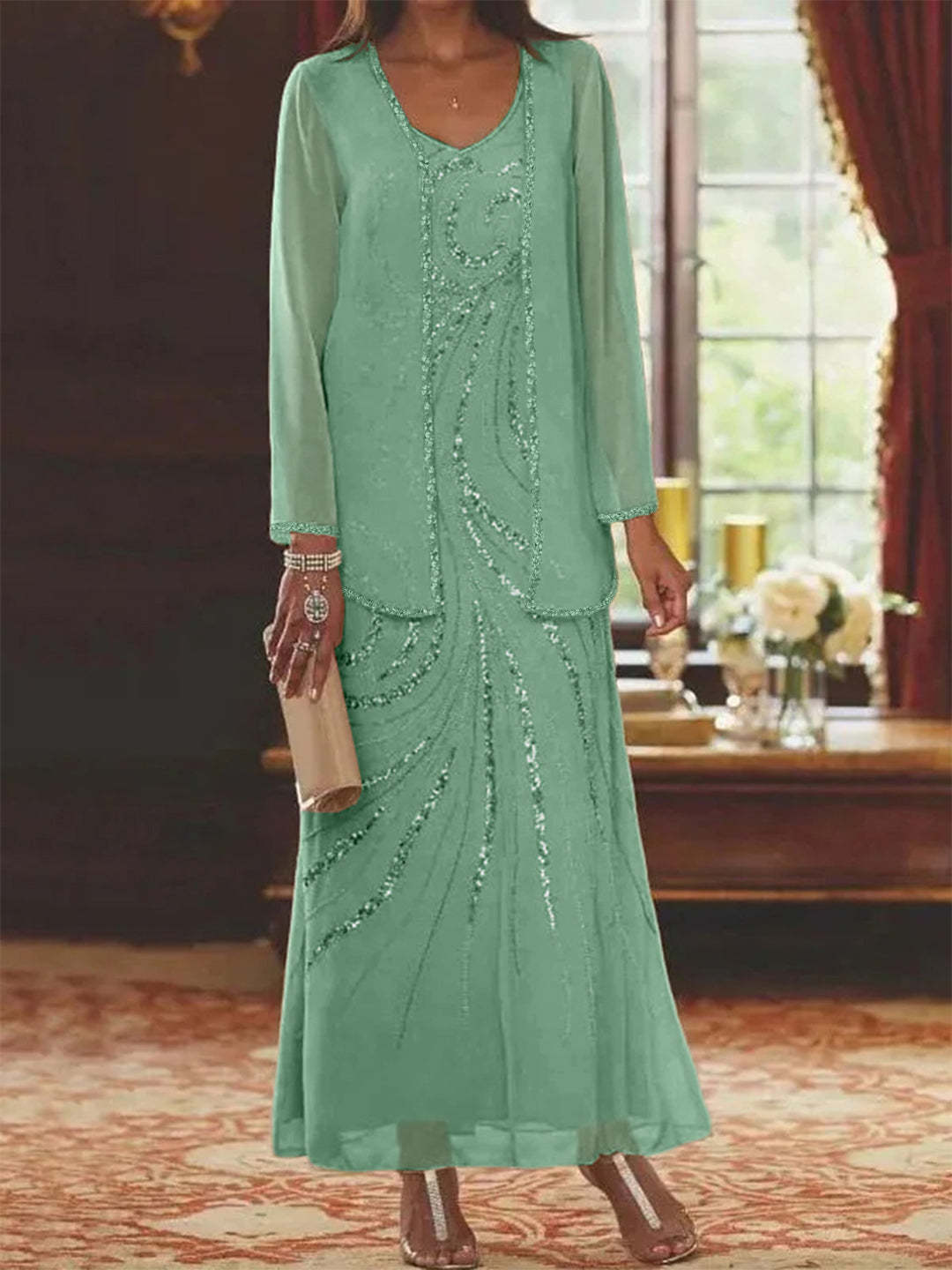 V-Neck Ankle-Length Sheath/Column Mother of the Bride Dresses with Sequins & Jacket