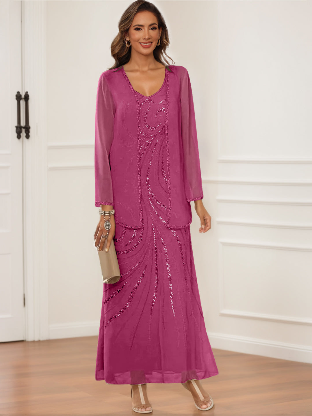 V-Neck Ankle-Length Sheath/Column Dress with Jacket & Sequins for Mothers of the Bride & Groom