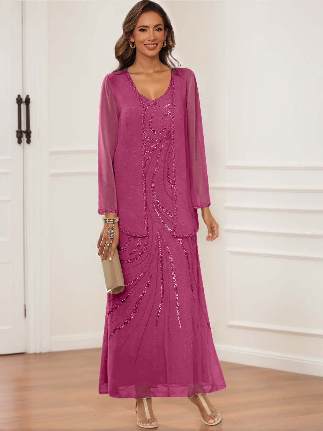 V-Neck Ankle-Length Sheath/Column Dress with Jacket & Sequins for Mothers of the Bride & Groom