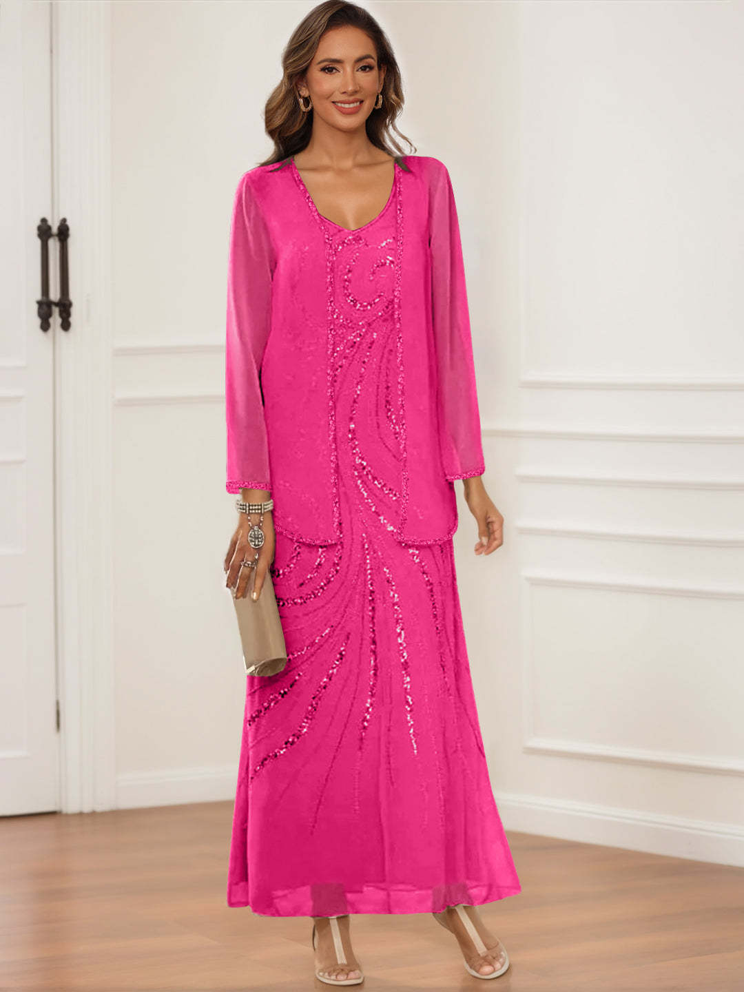 V-Neck Ankle-Length Sheath/Column Dress with Jacket & Sequins for Mothers of the Bride & Groom