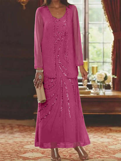 V-Neck Ankle-Length Sheath/Column Mother of the Bride Dresses with Sequins & Jacket