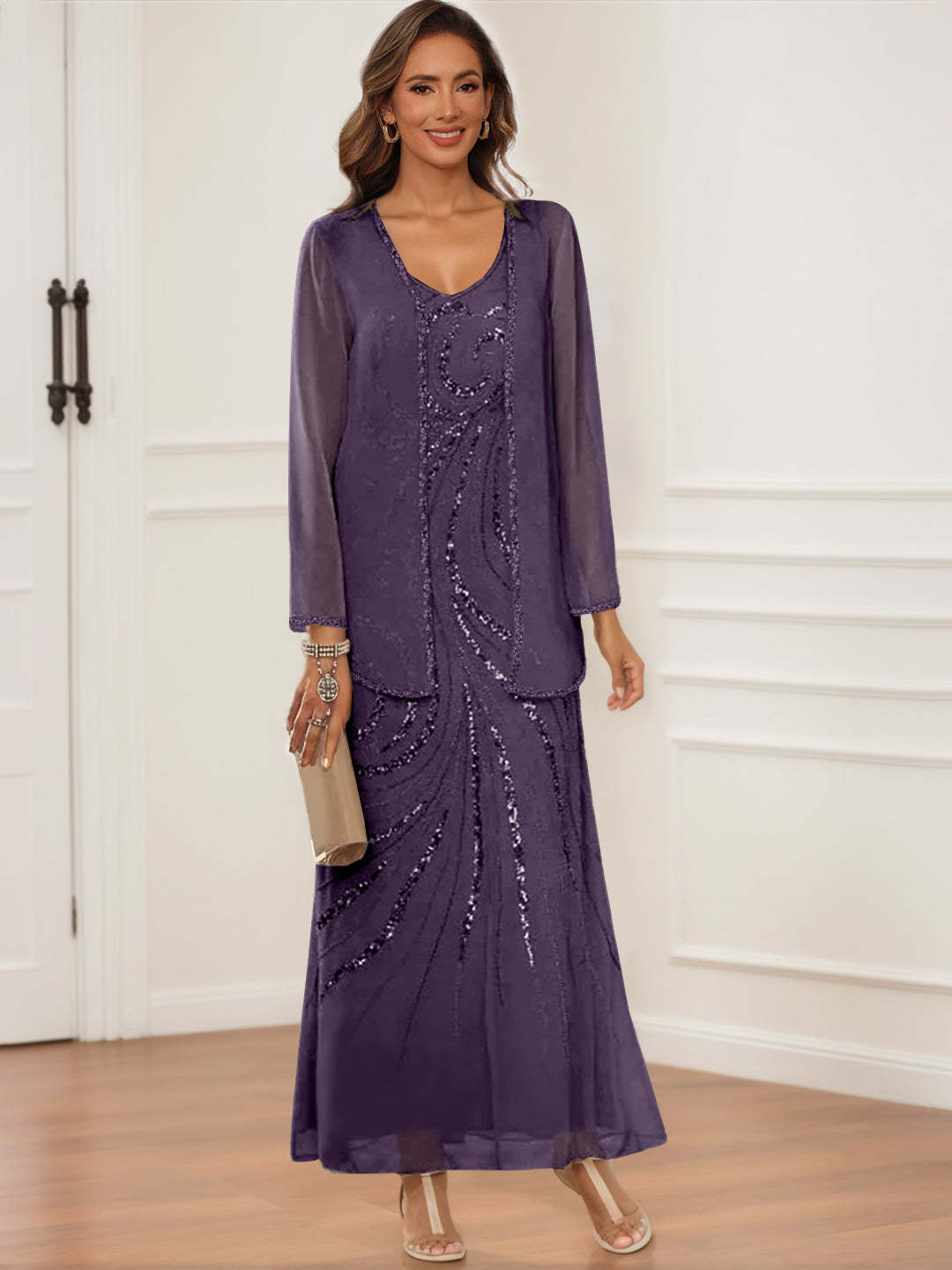 V-Neck Ankle-Length Sheath/Column Dress with Jacket & Sequins for Mothers of the Bride & Groom