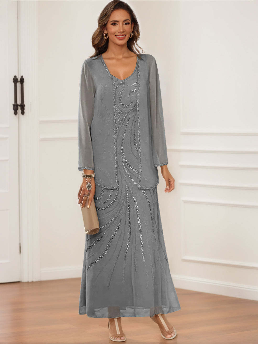 V-Neck Ankle-Length Sheath/Column Dress with Jacket & Sequins for Mothers of the Bride & Groom