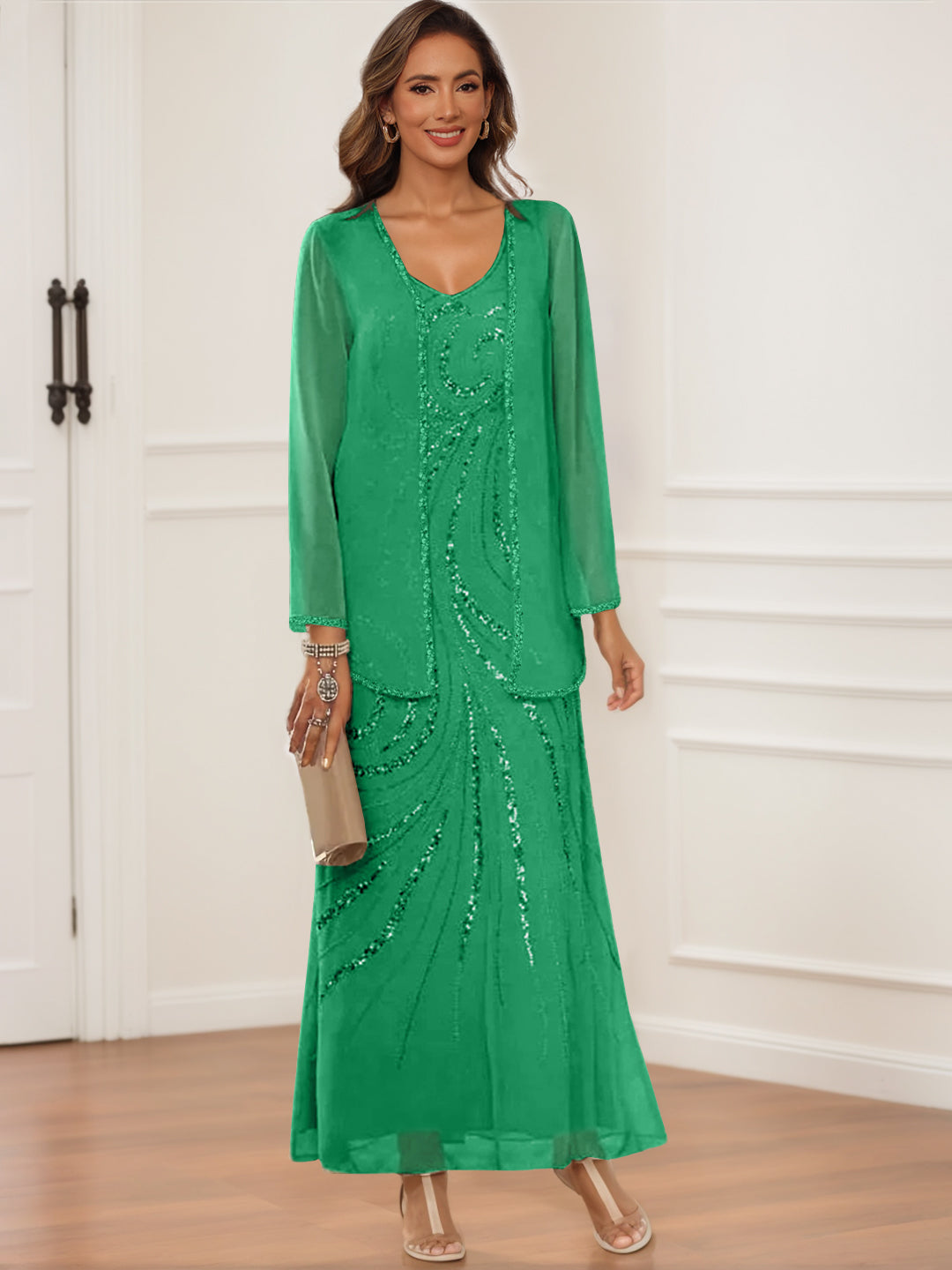 V-Neck Ankle-Length Sheath/Column Dress with Jacket & Sequins for Mothers of the Bride & Groom