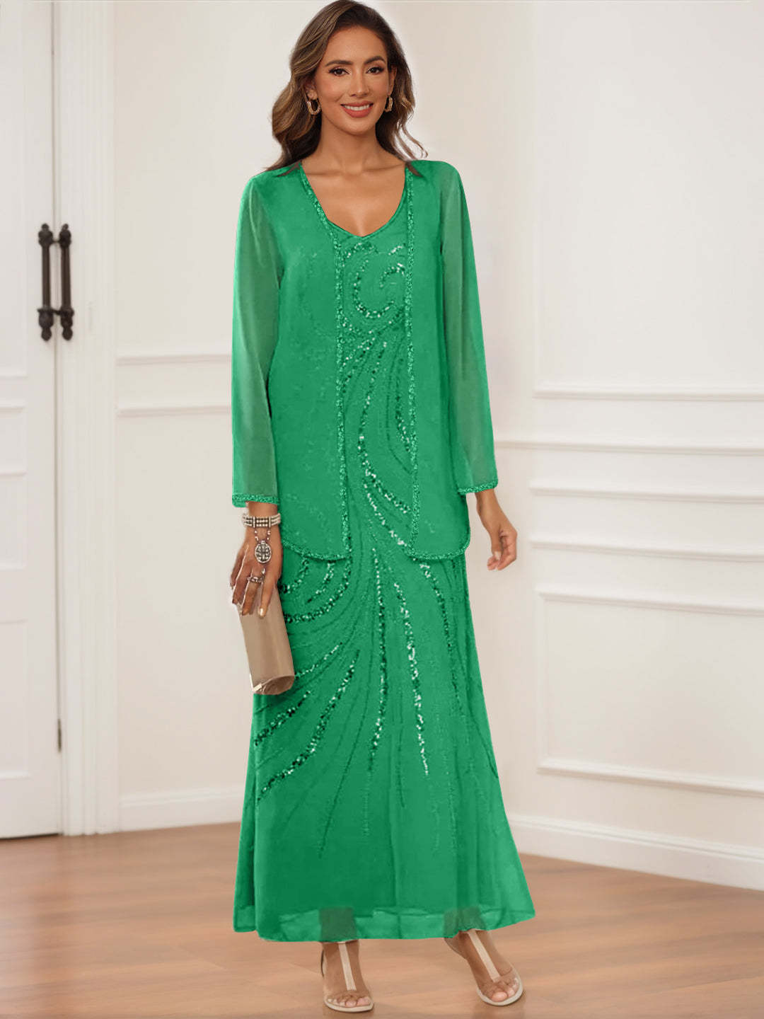 V-Neck Ankle-Length Sheath/Column Dress with Jacket & Sequins for Mothers of the Bride & Groom