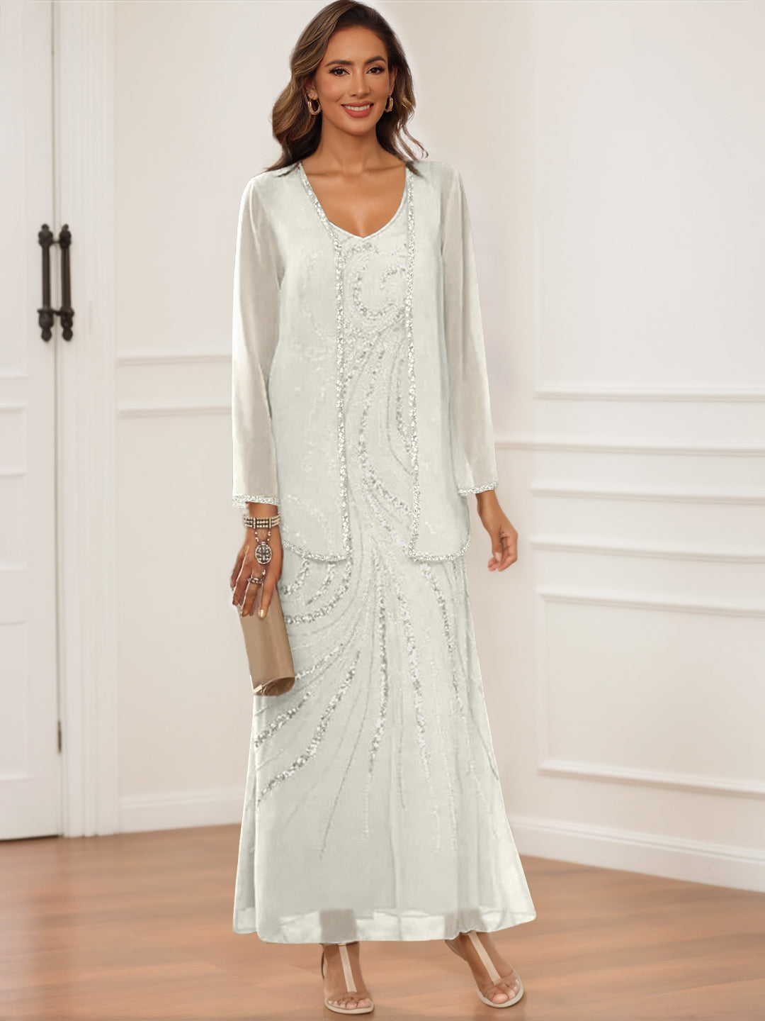V-Neck Ankle-Length Sheath/Column Dress with Jacket & Sequins for Mothers of the Bride & Groom
