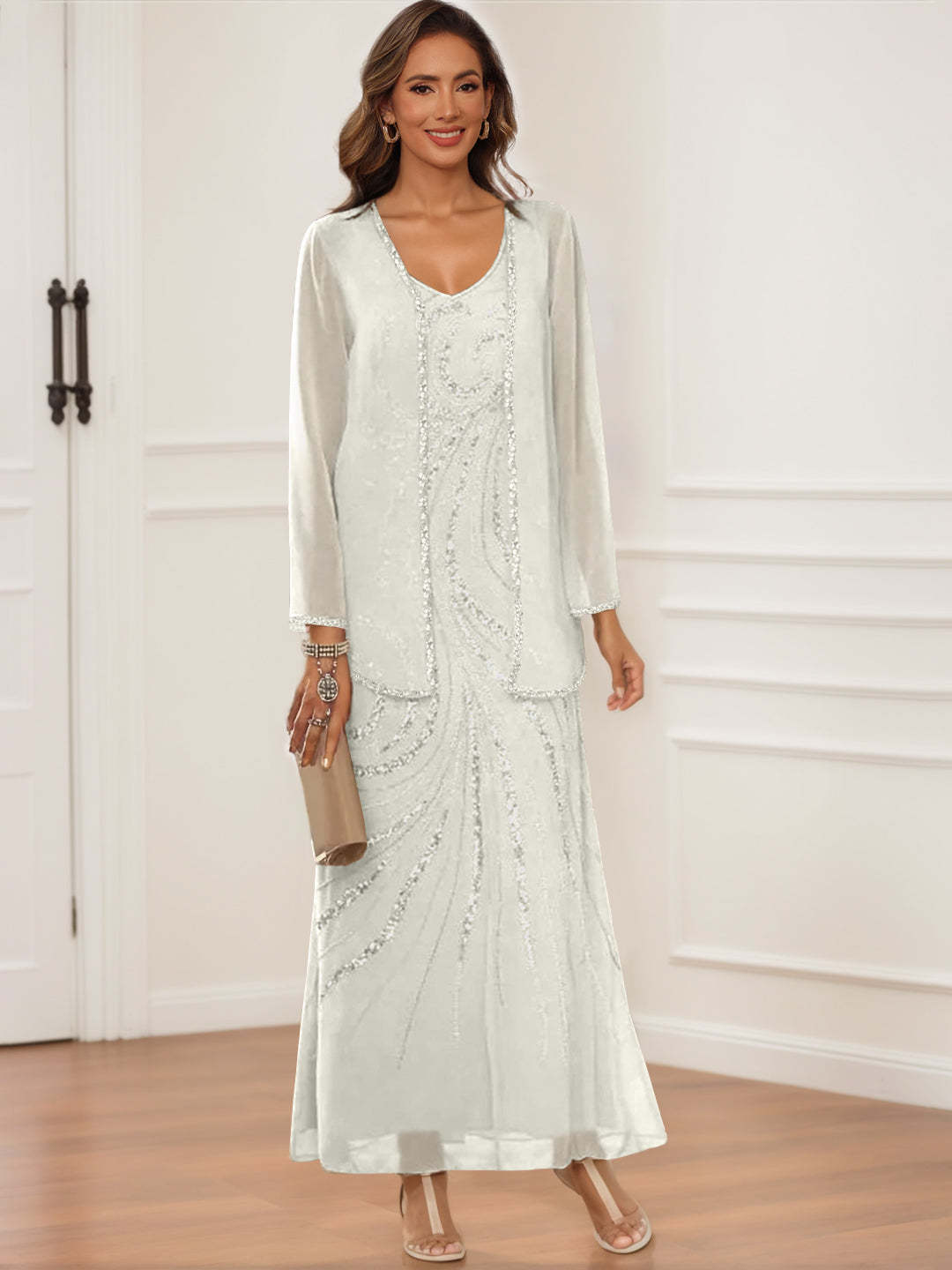 V-Neck Ankle-Length Sheath/Column Dress with Jacket & Sequins for Mothers of the Bride & Groom