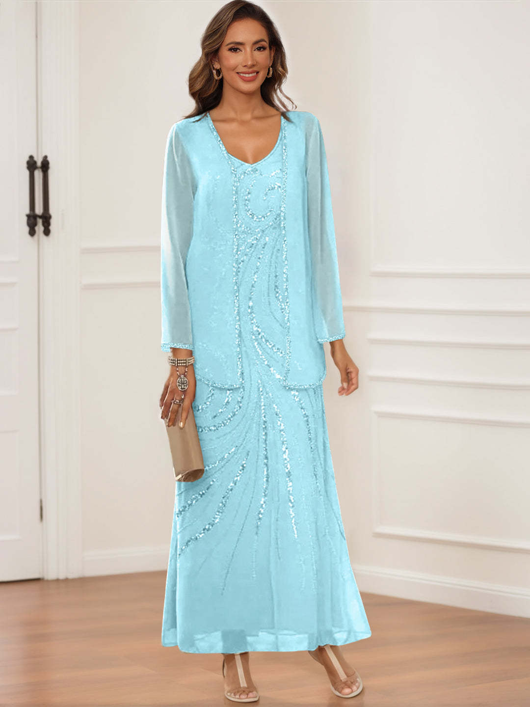 V-Neck Ankle-Length Sheath/Column Dress with Jacket & Sequins for Mothers of the Bride & Groom