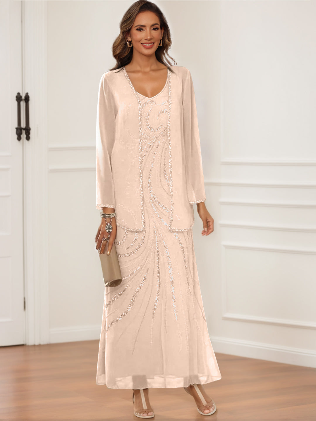 V-Neck Ankle-Length Sheath/Column Dress with Jacket & Sequins for Mothers of the Bride & Groom