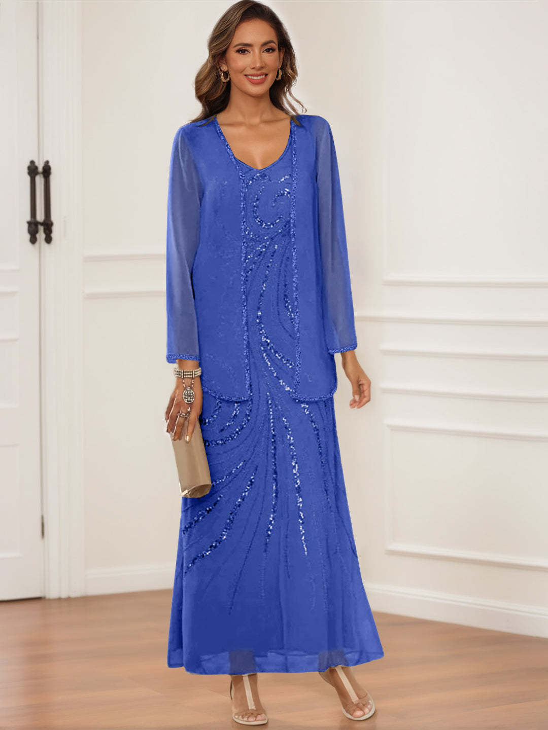 V-Neck Ankle-Length Sheath/Column Dress with Jacket & Sequins for Mothers of the Bride & Groom