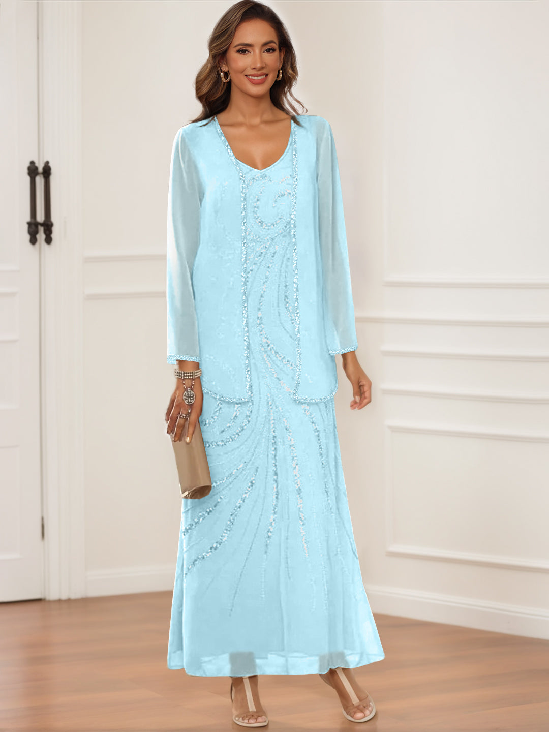 V-Neck Ankle-Length Sheath/Column Dress with Jacket & Sequins for Mothers of the Bride & Groom