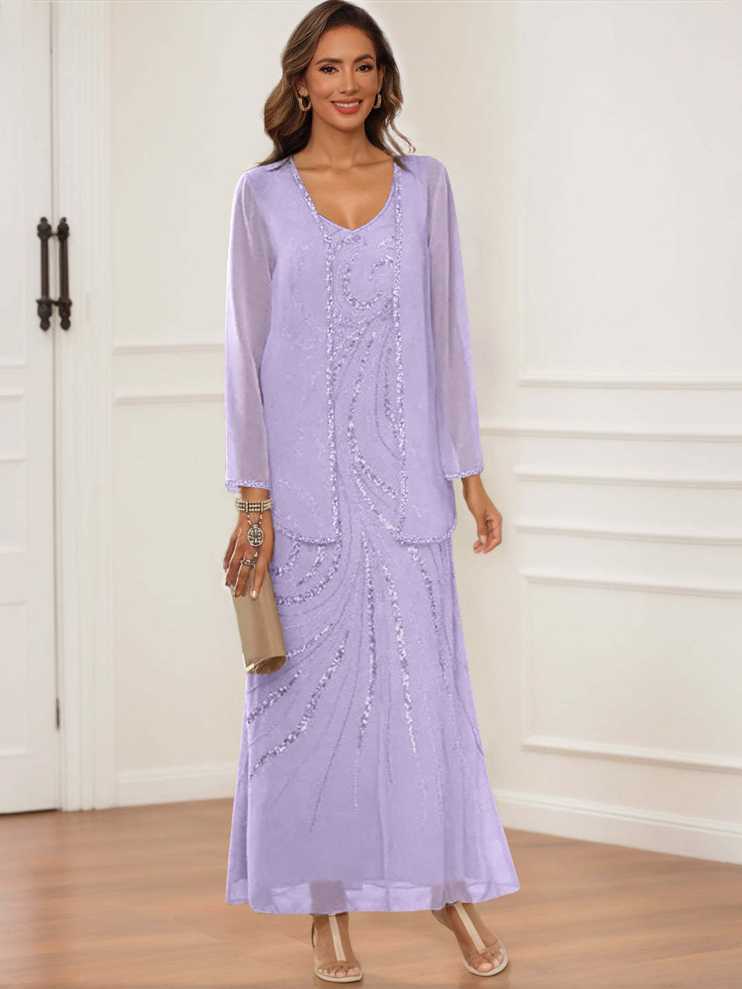 V-Neck Ankle-Length Sheath/Column Dress with Jacket & Sequins for Mothers of the Bride & Groom