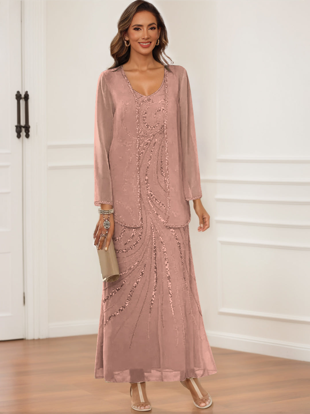 V-Neck Ankle-Length Sheath/Column Dress with Jacket & Sequins for Mothers of the Bride & Groom