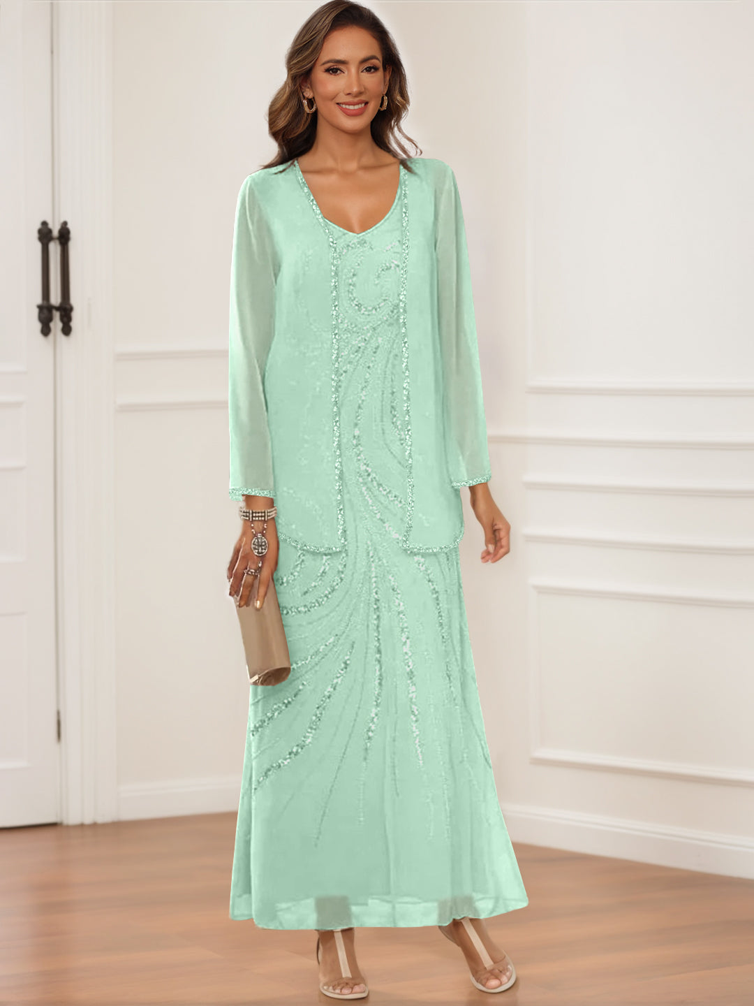 V-Neck Ankle-Length Sheath/Column Dress with Jacket & Sequins for Mothers of the Bride & Groom