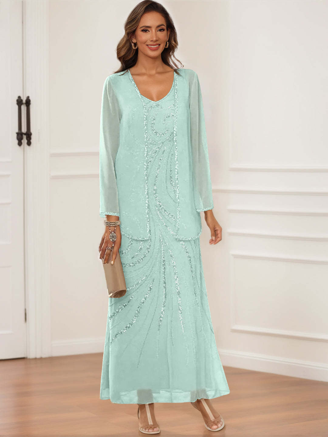 V-Neck Ankle-Length Sheath/Column Dress with Jacket & Sequins for Mothers of the Bride & Groom