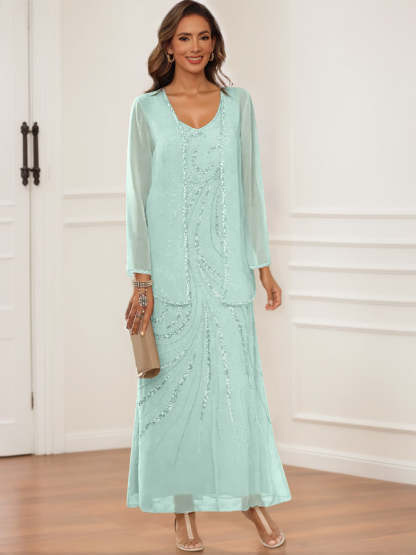 V-Neck Ankle-Length Sheath/Column Dress with Jacket & Sequins for Mothers of the Bride & Groom