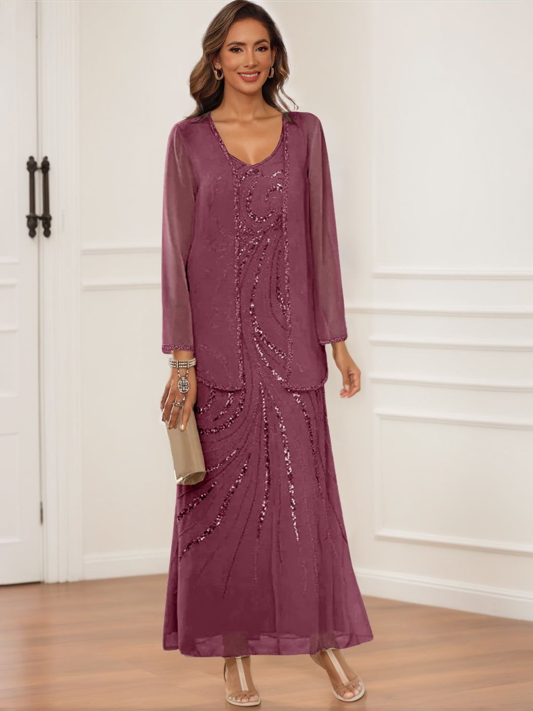 V-Neck Ankle-Length Sheath/Column Dress with Jacket & Sequins for Mothers of the Bride & Groom