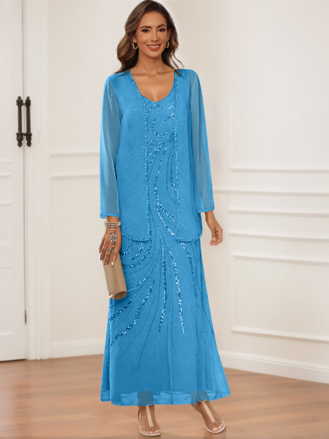 V-Neck Ankle-Length Sheath/Column Dress with Jacket & Sequins for Mothers of the Bride & Groom