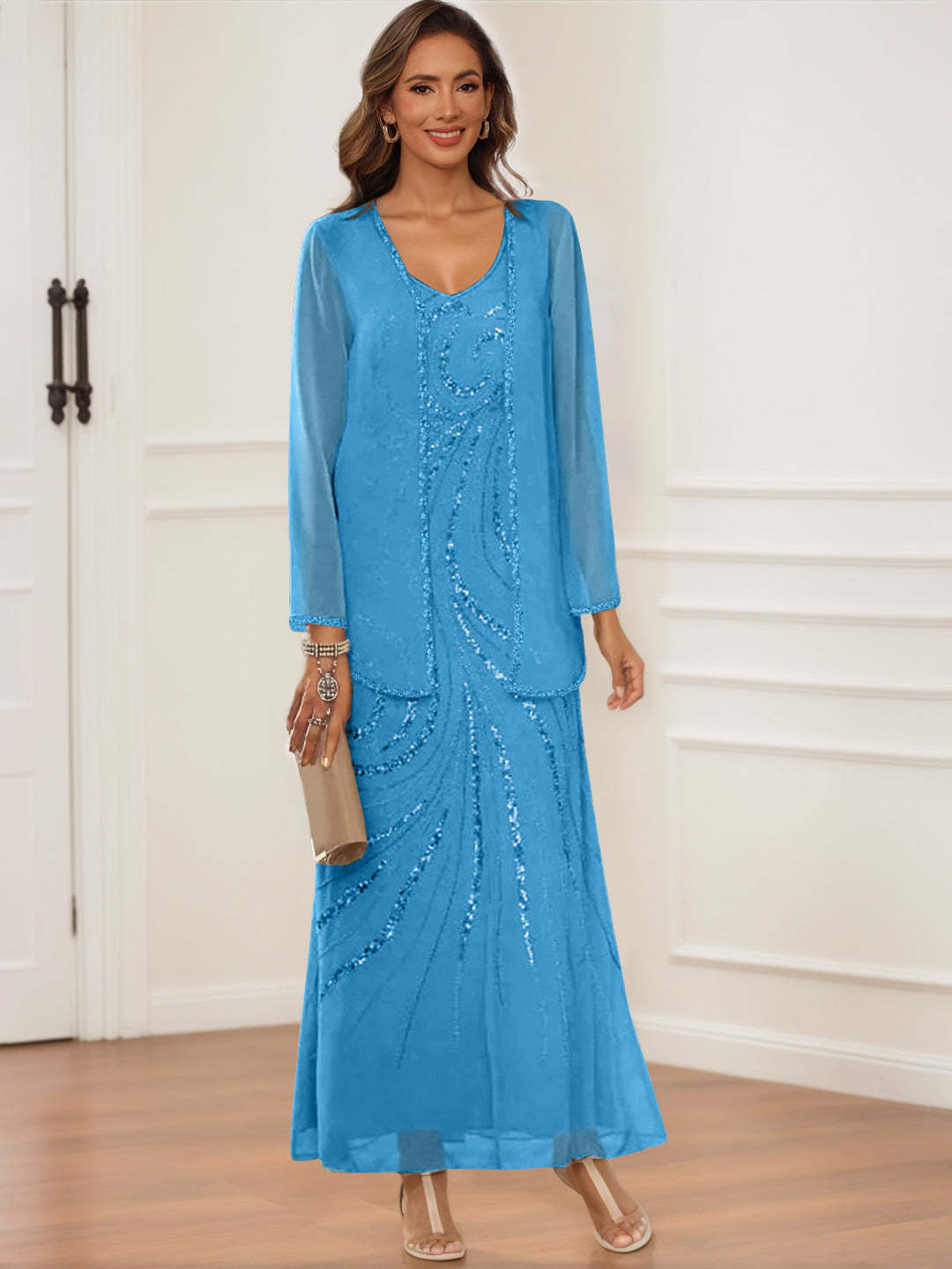V-Neck Ankle-Length Sheath/Column Dress with Jacket & Sequins for Mothers of the Bride & Groom