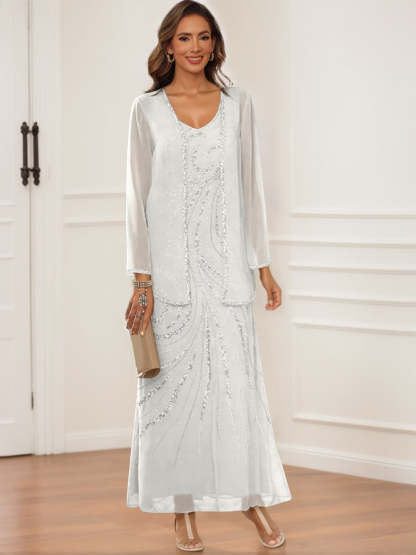 V-Neck Ankle-Length Sheath/Column Dress with Jacket & Sequins for Mothers of the Bride & Groom