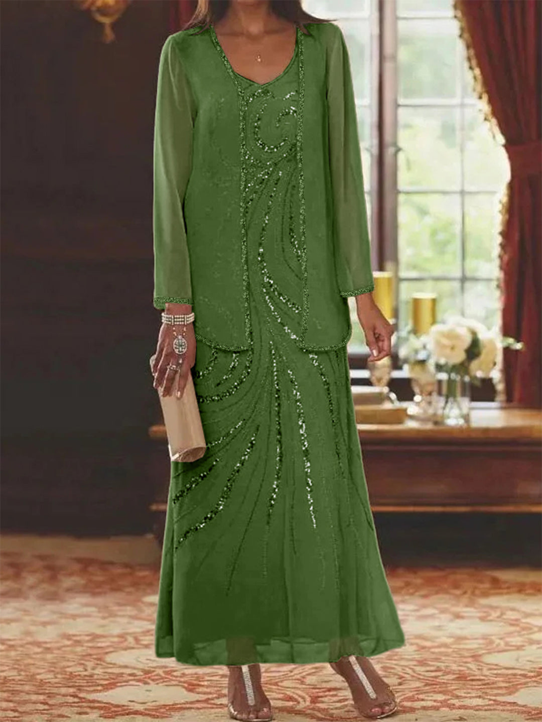 V-Neck Ankle-Length Sheath/Column Mother of the Bride Dresses with Sequins & Jacket