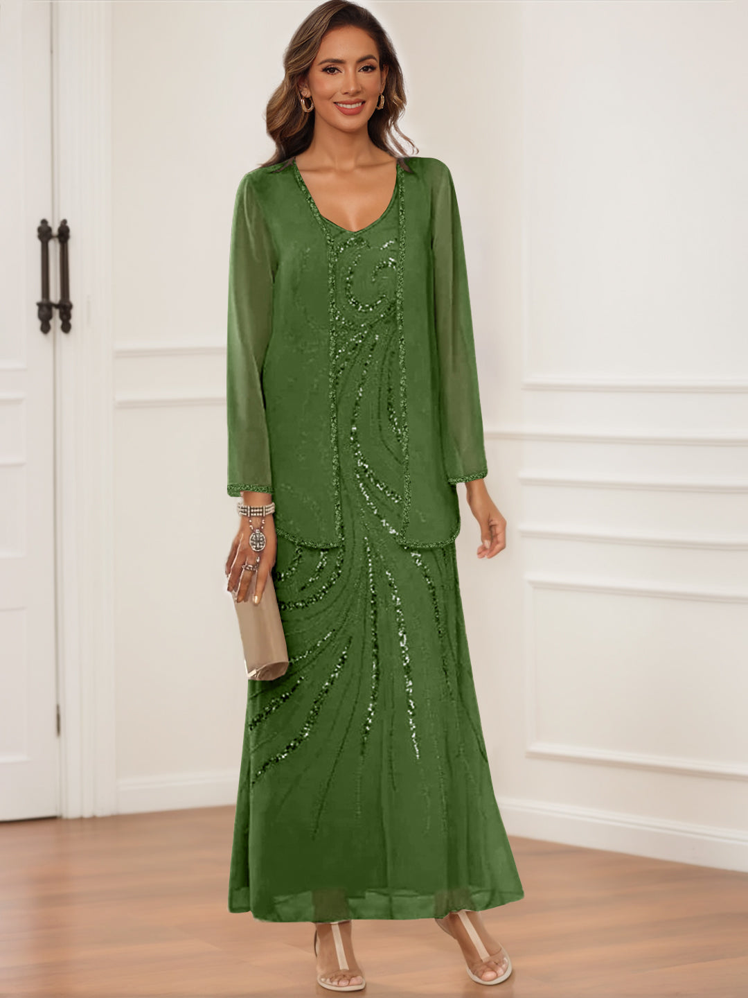 V-Neck Ankle-Length Sheath/Column Dress with Jacket & Sequins for Mothers of the Bride & Groom