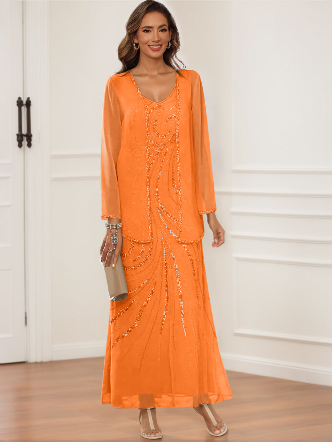V-Neck Ankle-Length Sheath/Column Dress with Jacket & Sequins for Mothers of the Bride & Groom