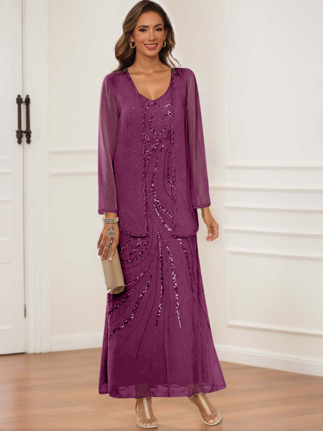 V-Neck Ankle-Length Sheath/Column Dress with Jacket & Sequins for Mothers of the Bride & Groom