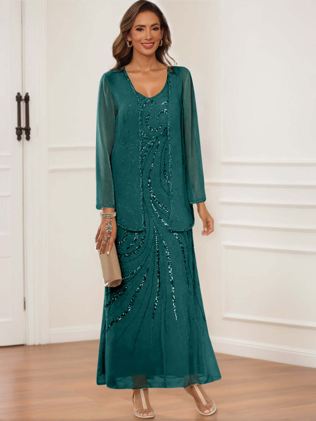 V-Neck Ankle-Length Sheath/Column Dress with Jacket & Sequins for Mothers of the Bride & Groom