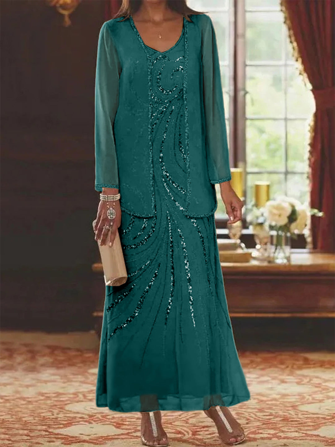 V-Neck Ankle-Length Sheath/Column Mother of the Bride Dresses with Sequins & Jacket