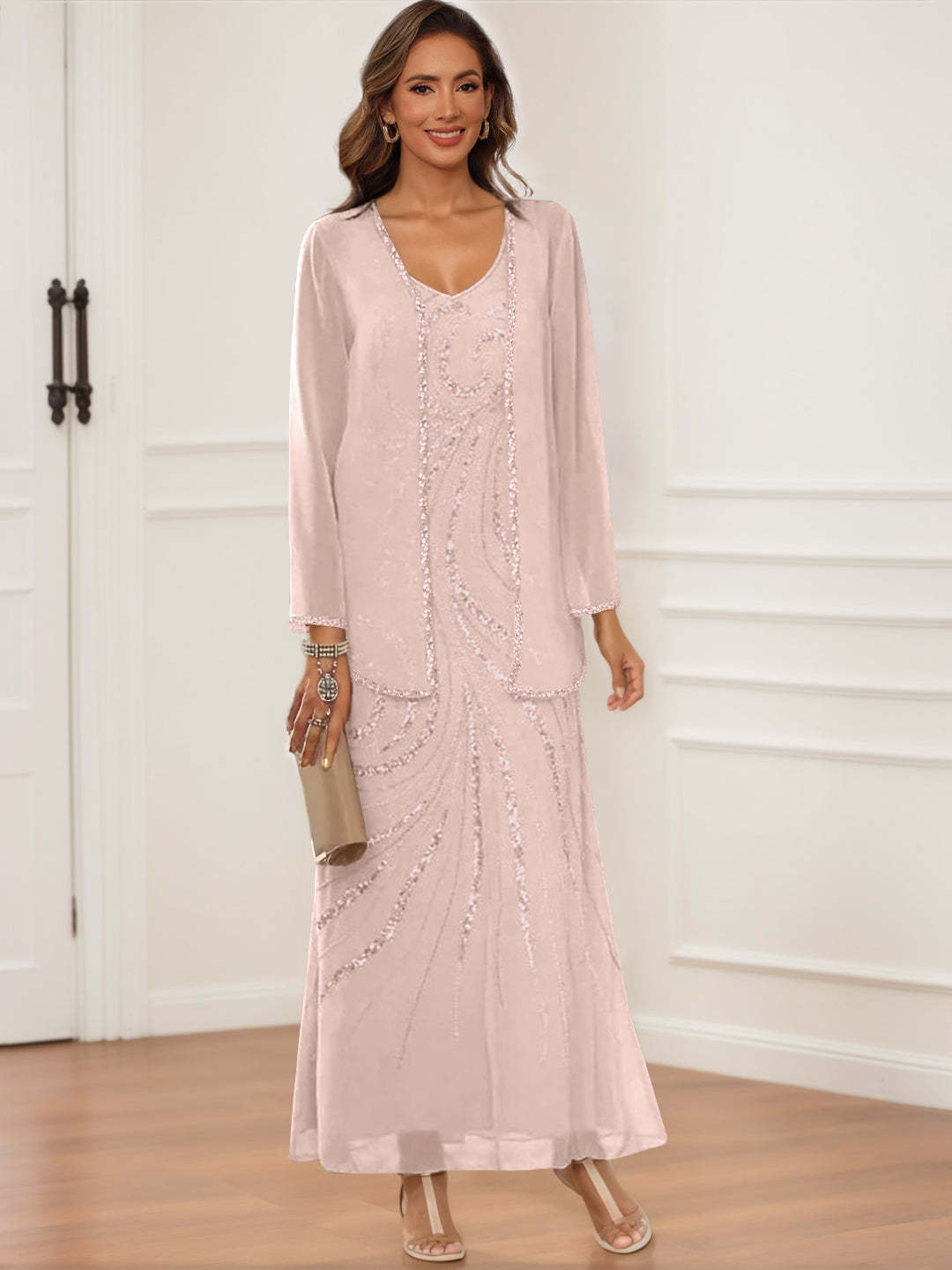 V-Neck Ankle-Length Sheath/Column Dress with Jacket & Sequins for Mothers of the Bride & Groom