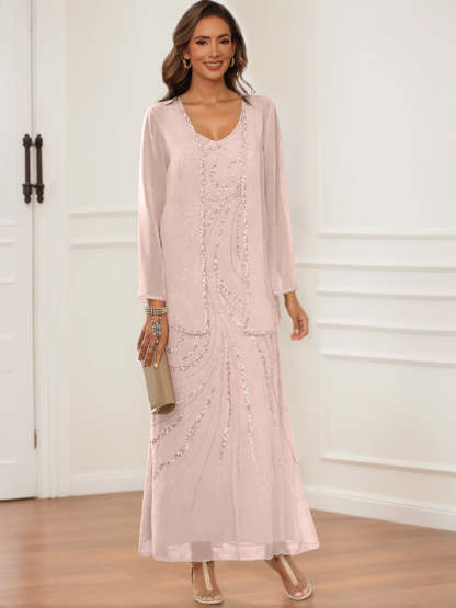 V-Neck Ankle-Length Sheath/Column Dress with Jacket & Sequins for Mothers of the Bride & Groom