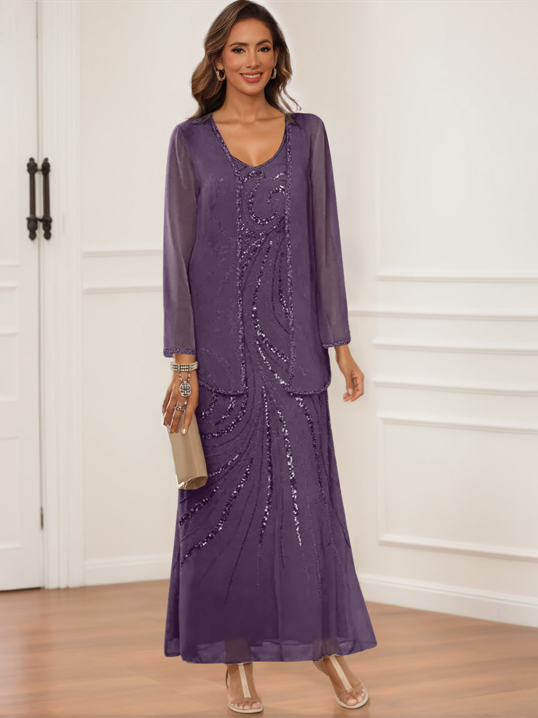 V-Neck Ankle-Length Sheath/Column Dress with Jacket & Sequins for Mothers of the Bride & Groom
